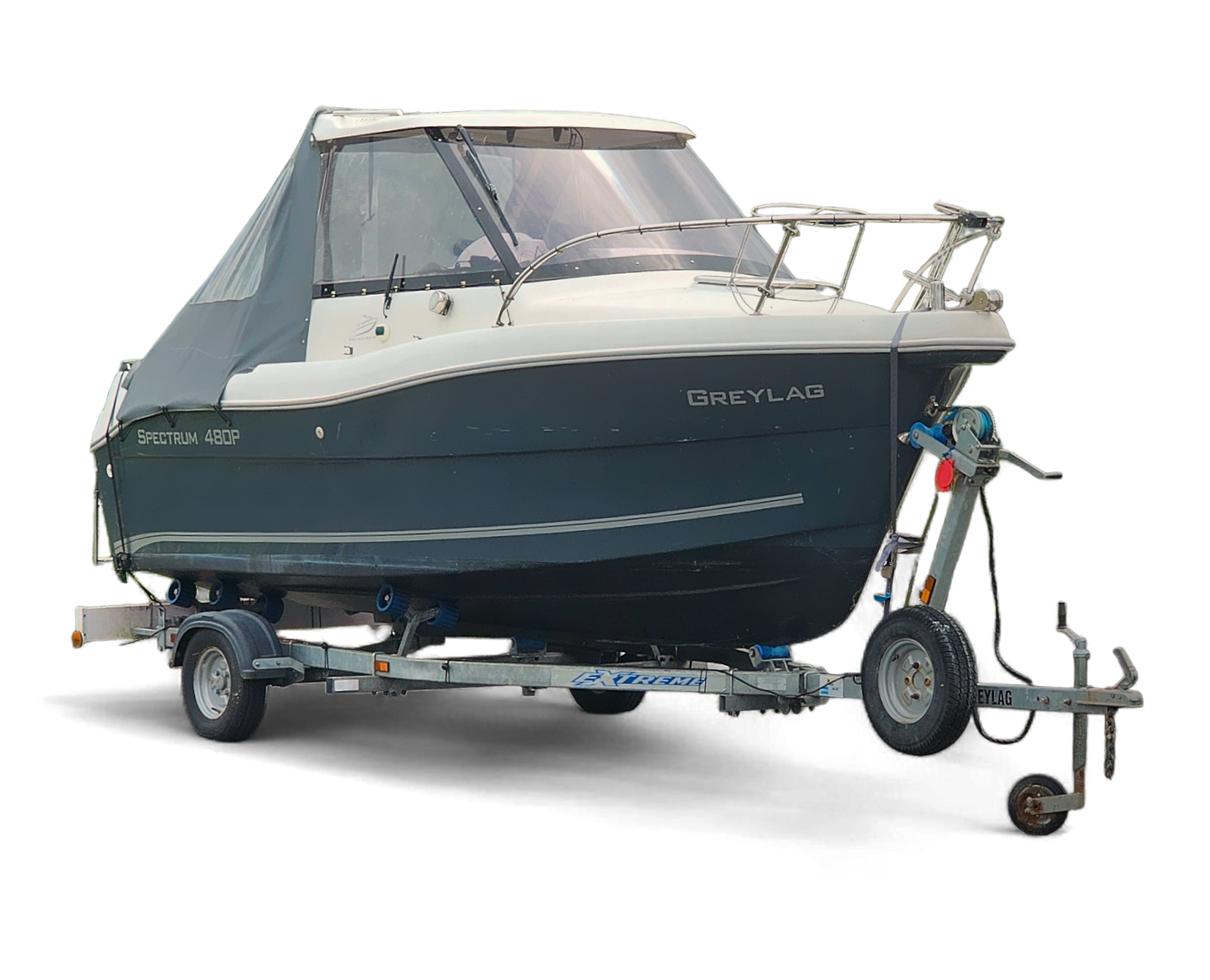 Blue boat on a trailer with 'GREYLAC' branding on a white background