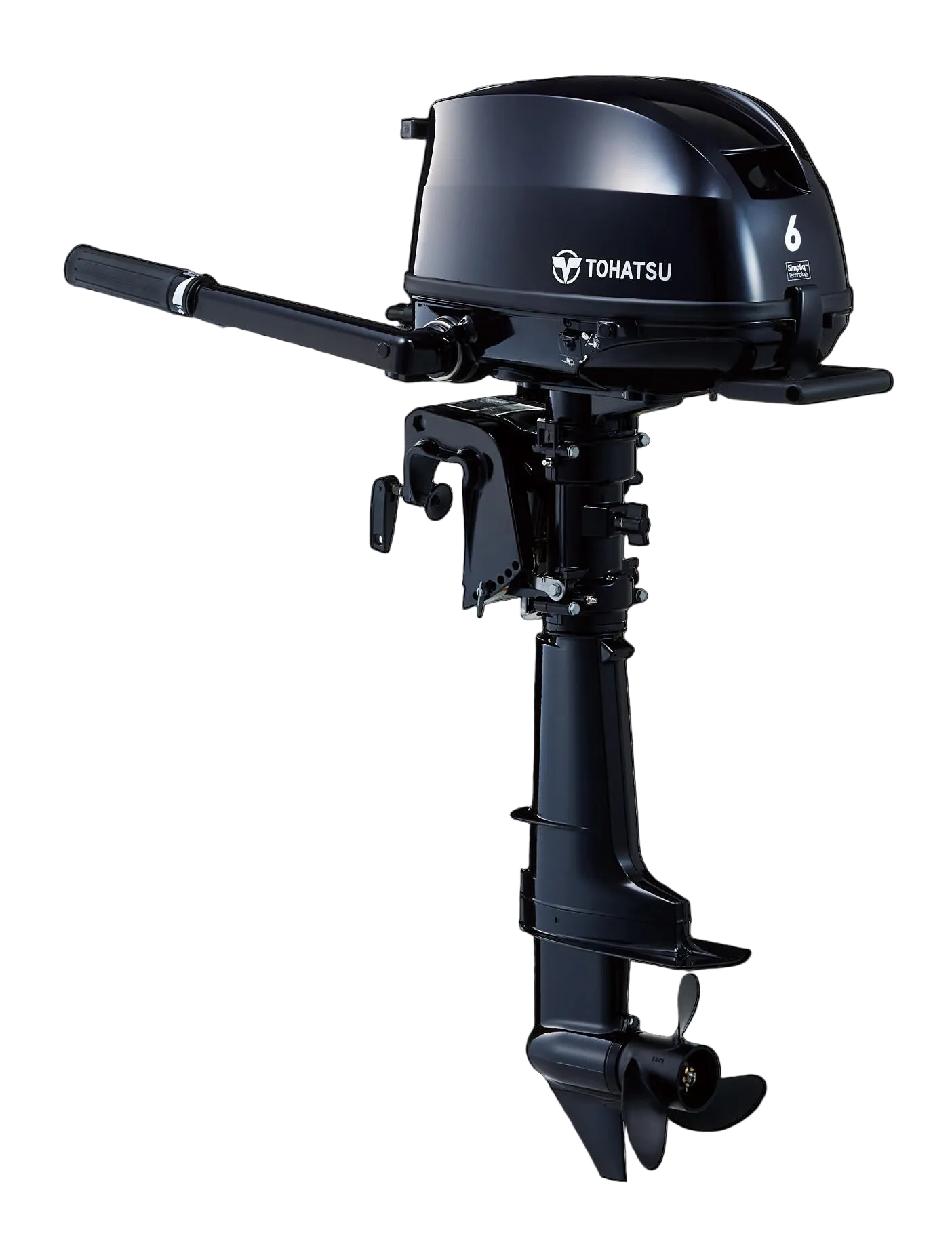 A black Tohatsu 6hp outboard motor for watercraft, featuring a tiller handle and a front carrying handle.