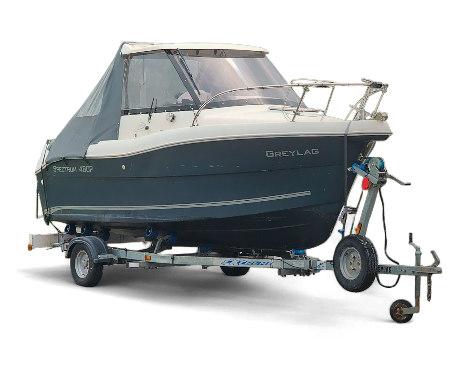 Blue boat on a trailer with 'GREYLAC' branding on a white background